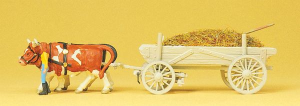 Preiser 30474 HO Scale Horse-Drawn Wagon -- Manure Wagon w/Driver, Load & Ox