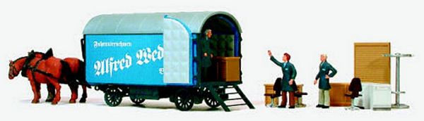 Preiser 30494 HO Scale Working People -- Moving Wagon w/2 Horses, Figures & Accessories