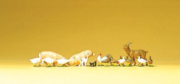Preiser 75014 TT Scale Set of Small Animals; 1:120 TT Scale -- Geese, Chickens, Cat, Pigs, Goat