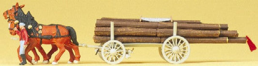 Preiser 30465 HO Horse Drawn Log Wagon w/Man Walking